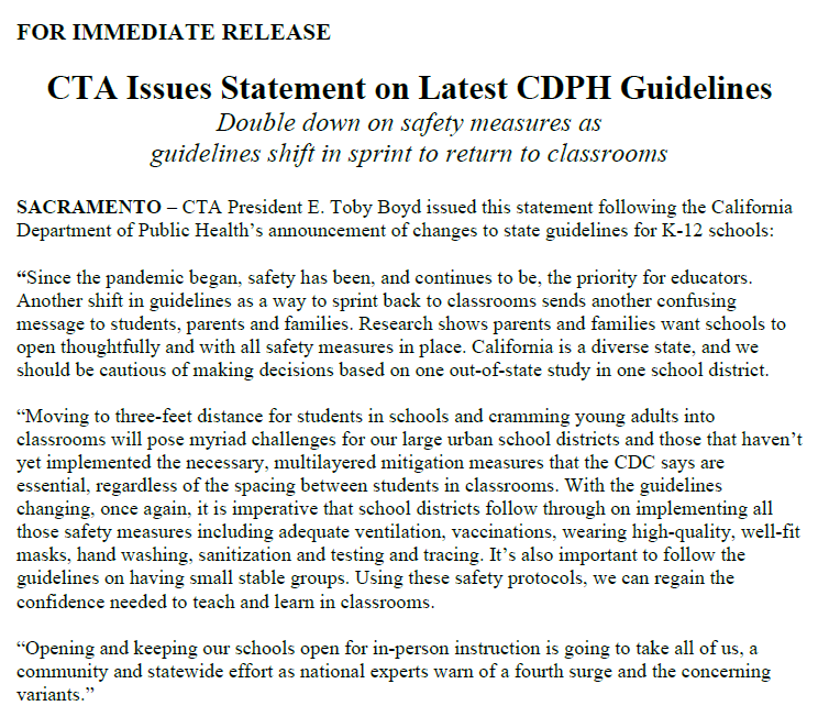 WeAreCTA's tweet photo. "Since the pandemic began, safety has been and continues to be the priority for educators. Another shift in guidelines as a way to sprint back to classrooms sends another confusing message to students, parents and families." -@ETobyBoyd on revised @CaPublicHealth guidance https://t.co/1Fk9SYr5Cc
