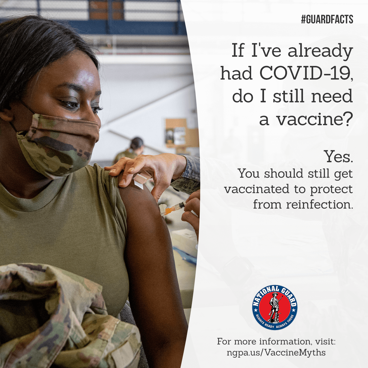 OKGuard's tweet photo. Myth: If I've already had #COVID, I don't need the vaccine.
Fact: Even if you've had COVID, you should still get vaccinated to protect you from another infection.
#GuardFacts #InThisTogether https://t.co/dB52CmxdNy https://t.co/glwCgtBv1p