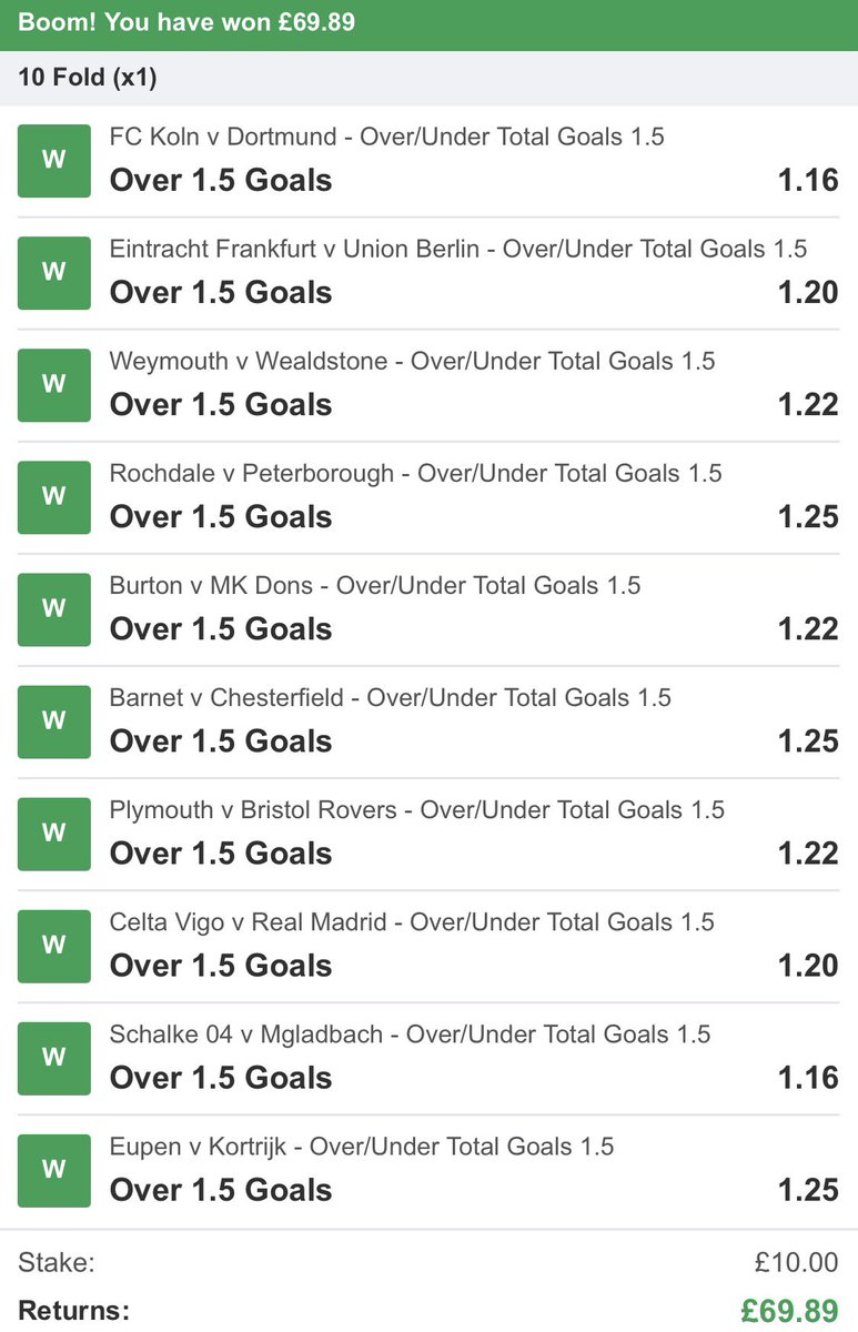 🧨🧨⚽️⚽️ BOOOOOOOOOOOM! 

YOU BELGIAN BEAUTS! 😍

I’m at it again, for the second Saturday running my Goals Galore acca lands. Get in there! 

SMASH ❤️ AND SEND IN YOUR SLIPS IF YOU WERE ON! 

(18+, Gamble Responsibly)