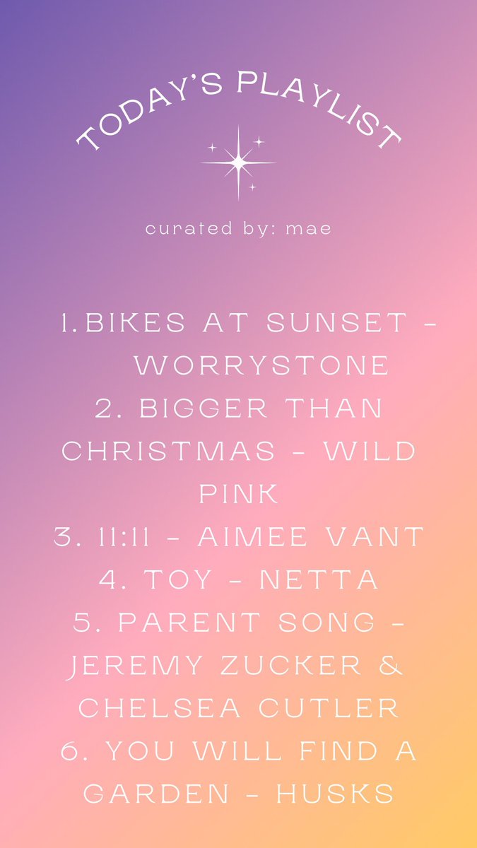 ✨💓 todays playlist 💓✨
curated by @maekrell 
ft. @worrystonee @WildPinkNYC aimee vant @NettaBarzilai @jeremyzucker @chelseacutler & @Husks_music 

open.spotify.com/playlist/0TZ4o…