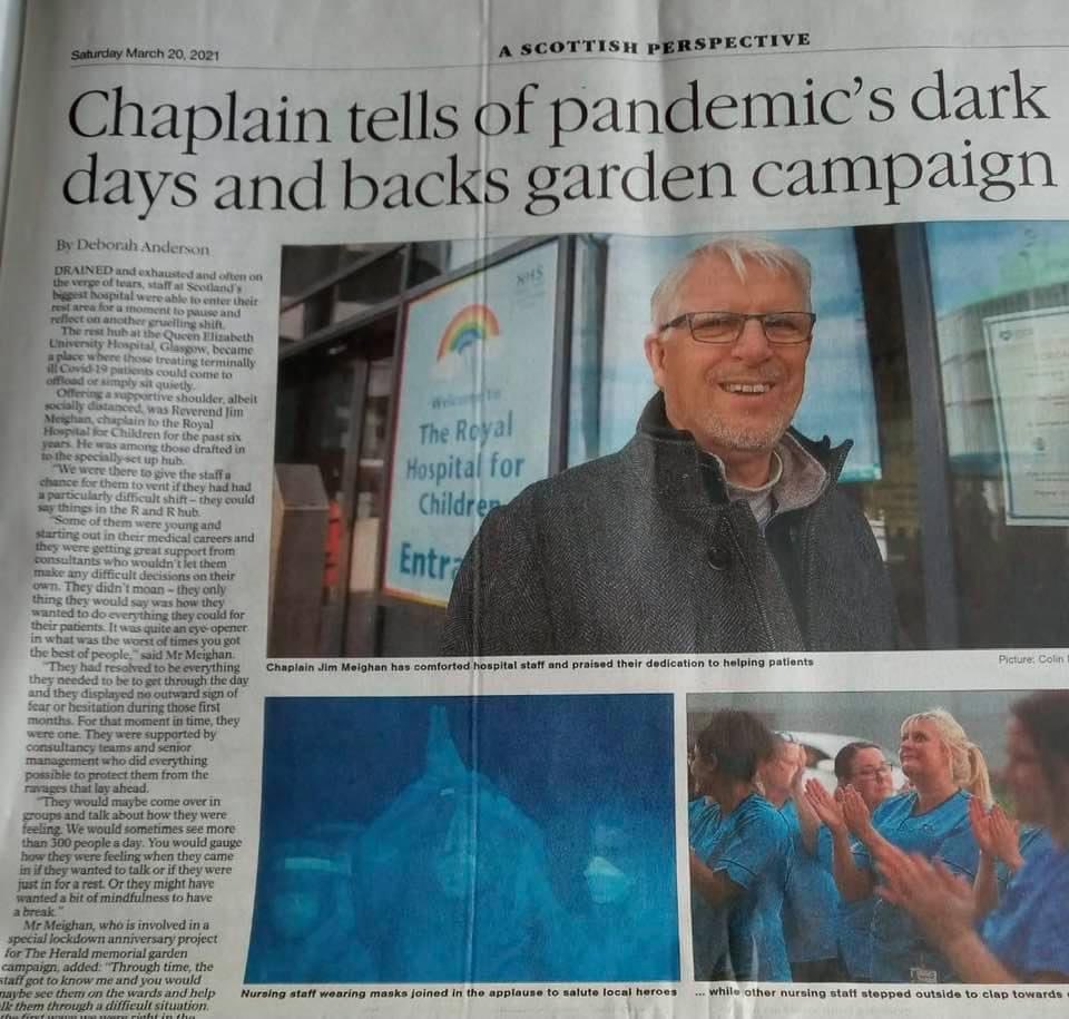 RHCGlasgow's tweet photo. Great to see our hospital chaplain in the paper today. Jim is one of many who have helped to provide rest and support to staff while still remaining available for all the families who need him! 👏👏👏 https://t.co/uFS1Fwtbp1