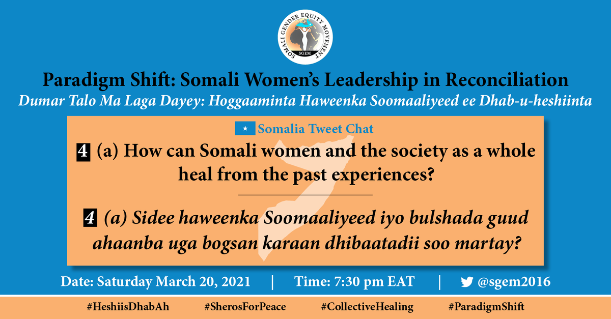 sgem2016's tweet photo. Q4a. How can Somali women and society as a whole heal from past experiences?

Q4a. Sidee haweenka Soomaaliyeed iyo bulshada guud ahaanba uga bogsan karaan dhibaatadii soo martay?

#HeshiisDhabAh
#SherosForPeace
#CollectiveHealing
#ParadigmShift https://t.co/tuFDZSweep