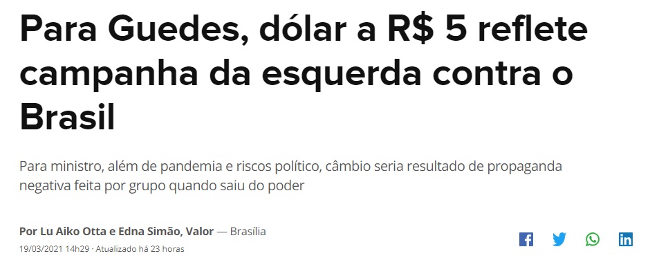 Sobre o dólar a cinco reais, chega a ser chocante manterem a máscara de "técnico" de Paulo GuedesAgora, ele diz que a cotação é culpa de "imagem negativa no exterior" criada pela "esquerda que ficou trinta anos no poder" Refrescando a memória (...)