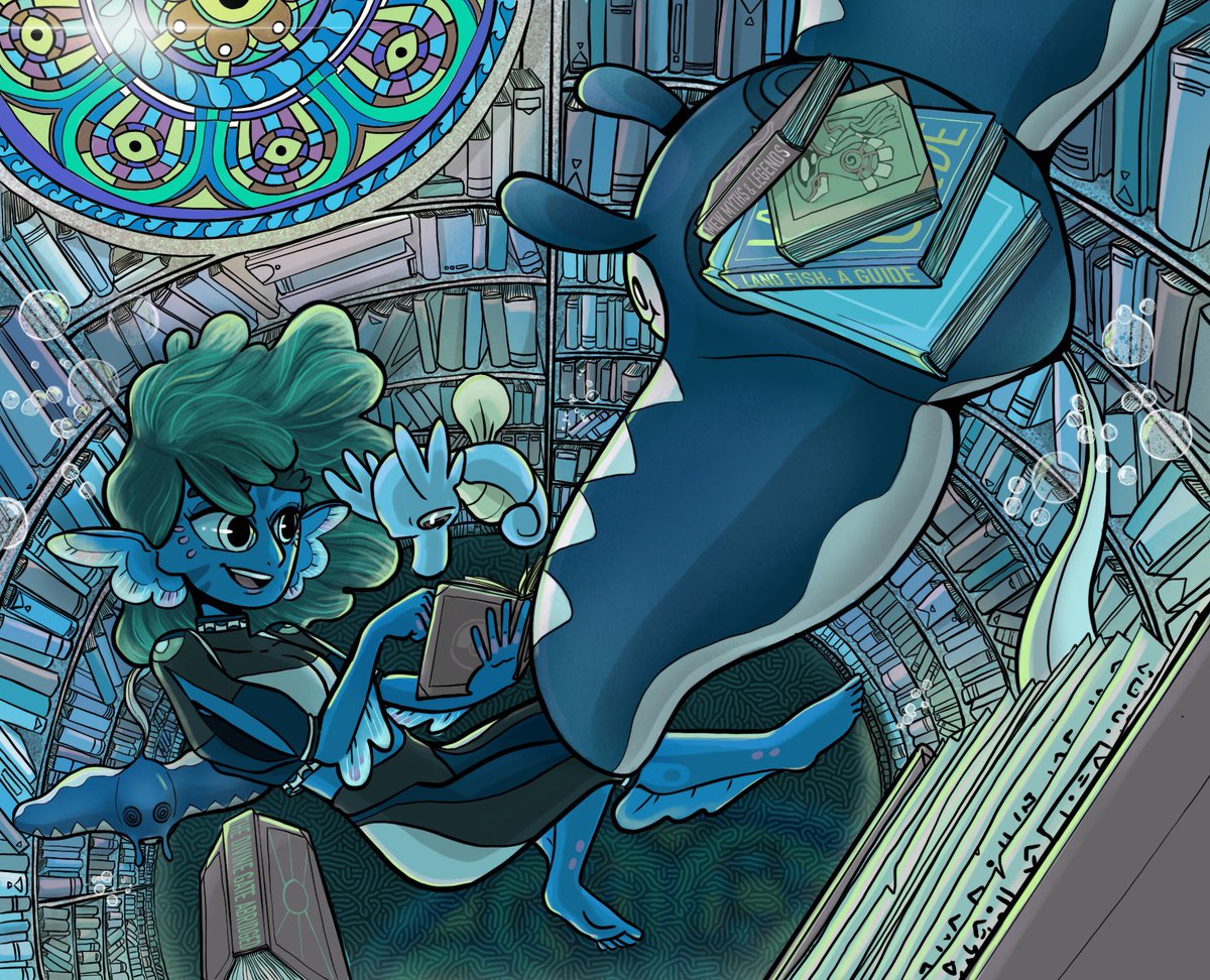 AustenWeitzel's tweet photo. The next dnd poke-partner is here! This is our Clerical triton Adelaide, doing a little light reading in an undersea tower of knowledge. https://t.co/ofFnRwihR1