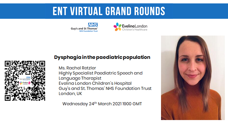 ENTGrandRounds's tweet photo. Do join us for our grand rounds with @rachelpretzel_r of @EvelinaLondon @GSTTnhs talking about #dysphagia in children on 24/03/2020 at 1900 GMT.

Register below for joining details:
https://t.co/JbwuAyGKKv

#ENTwitter #SLTchat #IAMOTO @socialmediaAOT @ENT_AudsNews @NeoSLTCEN https://t.co/TyqnpuugFk