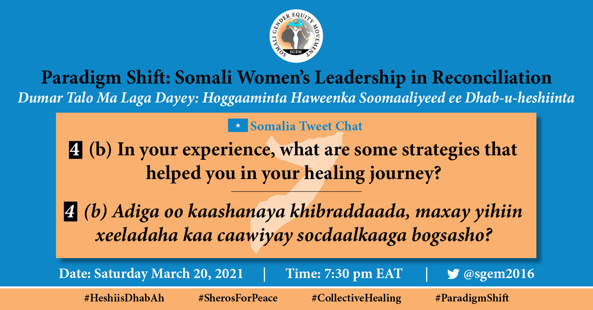 sgem2016's tweet photo. Q4.b. In your experience, what are some strategies that helped you in your healing journey?

Q4.b. Adiga oo kaashanaya khibraddaada, maxay yihiin xeeladaha kaa caawiyay socdaalkaaga bogsasho?

#HeshiisDhabAh
#SherosForPeace
#CollectiveHealing
#ParadigmShift https://t.co/jn4DpuEPSD