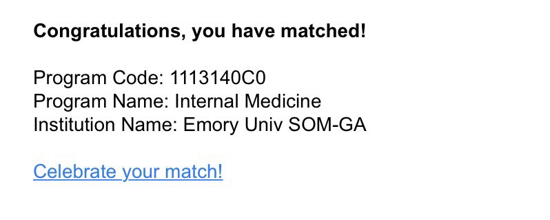 Thrilled to share that I matched in Internal Medicine at Emory! Excited to move to Atlanta! <a href="/emoryimchiefs/">Emory IM Chiefs</a> #Match2021