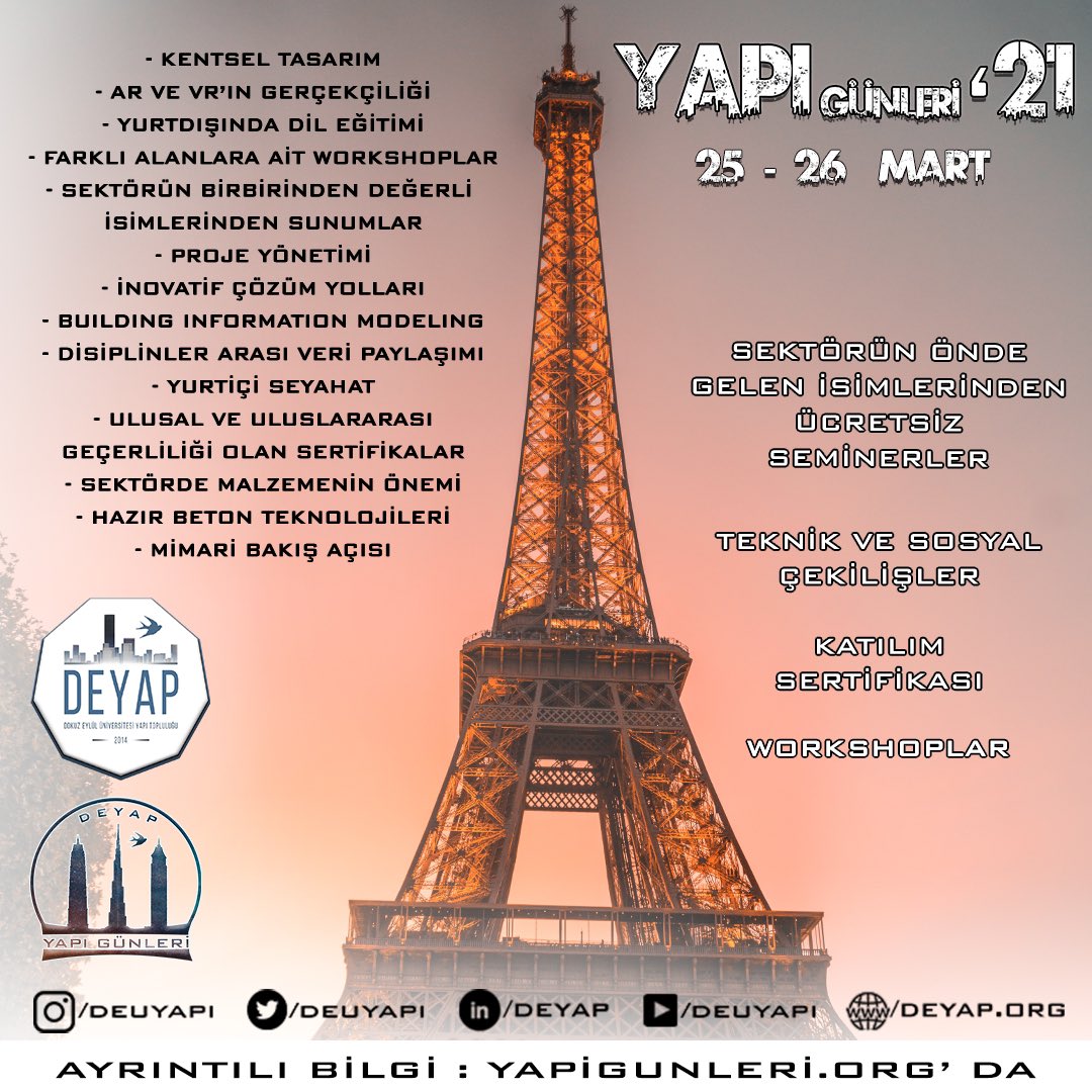 25-26 Mart’ta sizleri neler bekliyor? Hepsi ve daha fazlası için Yapı Günleri’21 etkinliğimize kayıt olmayı unutmayın. 😊

Ayrıntılı bilgi yapigunleri.org ‘da.

#eniyisiiçin #iyikideyapvar #iyikiDEYAPtık