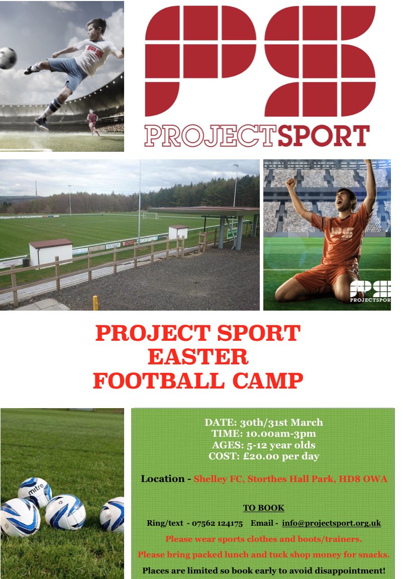 We are so excited to announce that we will be running a football camp at the fantastic Stafflex Arena this Easter! <a href="/Shelley_FC/">Shelley Community FC</a> <a href="/StafflexArena/">The Stafflex Arena</a> <a href="/ShelleyFirst/">Shelley First School</a> <a href="/Cummins01Paul/">Paul Cummins</a> <a href="/shelleysport/">Shelley Pyramid Schools Sports Partnership</a> <a href="/KirkburtonFirst/">Kirkburton CE First School</a>

Due to covid restrictions places will be very limited so please book early!