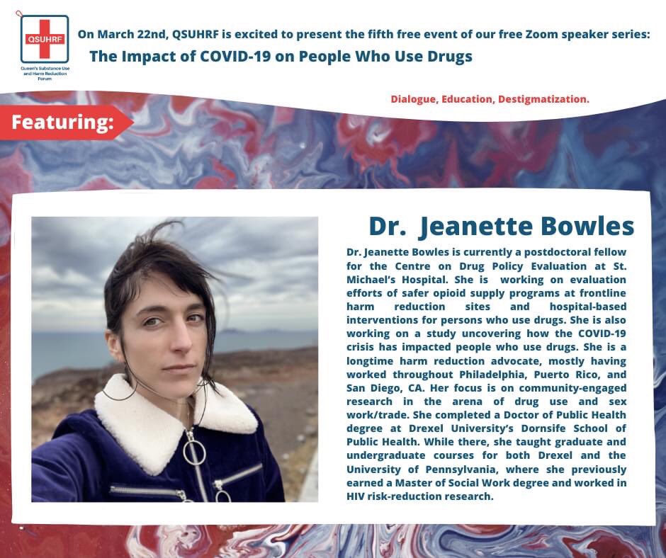 CSSDPqueens's tweet image. The QSUHRF team is very excited to welcome Dr. Jeanette Bowles of the @drugpolicyctr to our March 22nd event for a discussion of the impact of the COVID-19 pandemic on people who use drugs. As always, QSUHRF events are free and accessible to anyone. We hope to see you there!