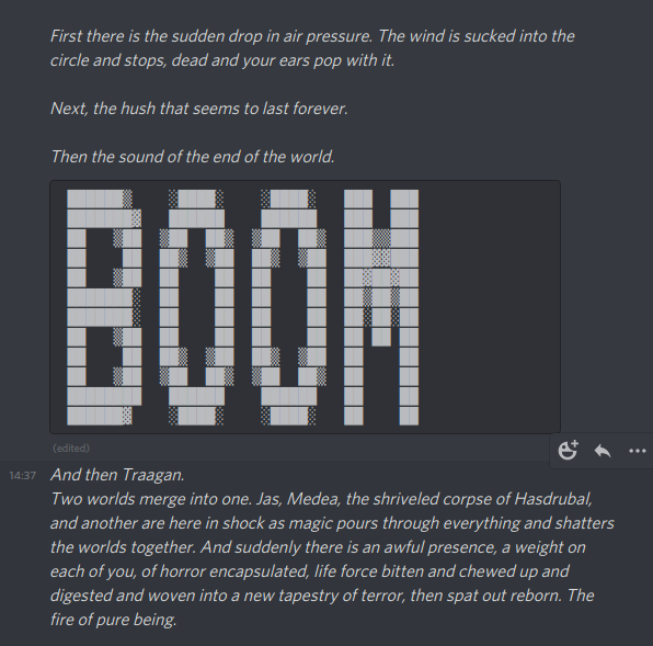 a huge BOOM expressed as a figlet font in Discord (this and the other text effect example is useful for play-by-post gaming, less so where you're doing voice conversations and using Discord text simply to track stats and the like)