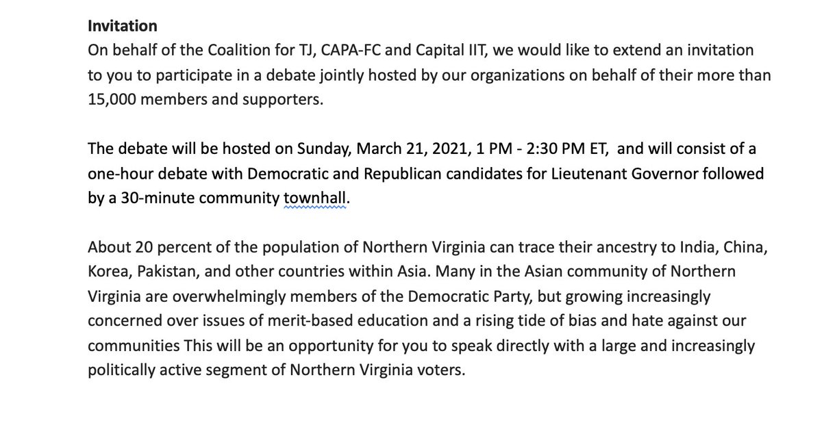 coalitionforTJ's tweet photo. Here is our invitation + why it matters to talk to the mostly Asian, immigrant members. About 20% of the people of Northern Virgina trace their ancestry to Asia. We are an increasingly important voter base. We want to expand merit-based education and #StopAsianHate
#EducateVA https://t.co/OcWFfz4Squ
