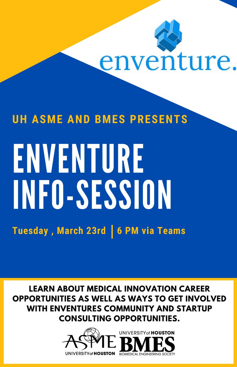 ASMEUH's tweet image. ASME &amp;amp; @UH_BMES will be having an Information Session with @enventuremed next Tuesday at 6pm!! Join us and learn about medical innovation career opportunities!

Link is in our INSTABIO!!
@uhengineering #gocoogs #uhengineering #cullenengineering #uh2024 #uh2023 #uh2022