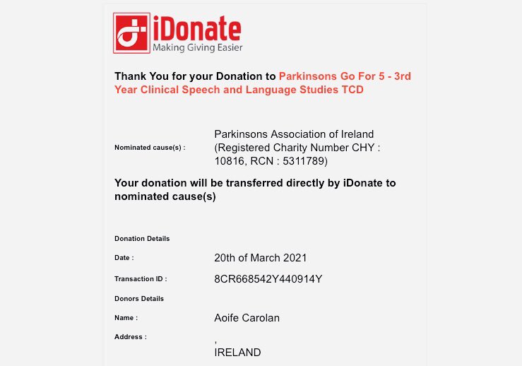 @ParkinsonsIre @ClinSpeechTCD I ran 5 for 5 this evening! Donation done, lovely feeling to move for PD! I nominate @anita249 @MariaKatMat @SorchaMcManus @TheAnneBarrett  @DervinJolene if you feel like it! Almost €3000 raised to date. Well done to @ClinSpeechTCD for organising ..