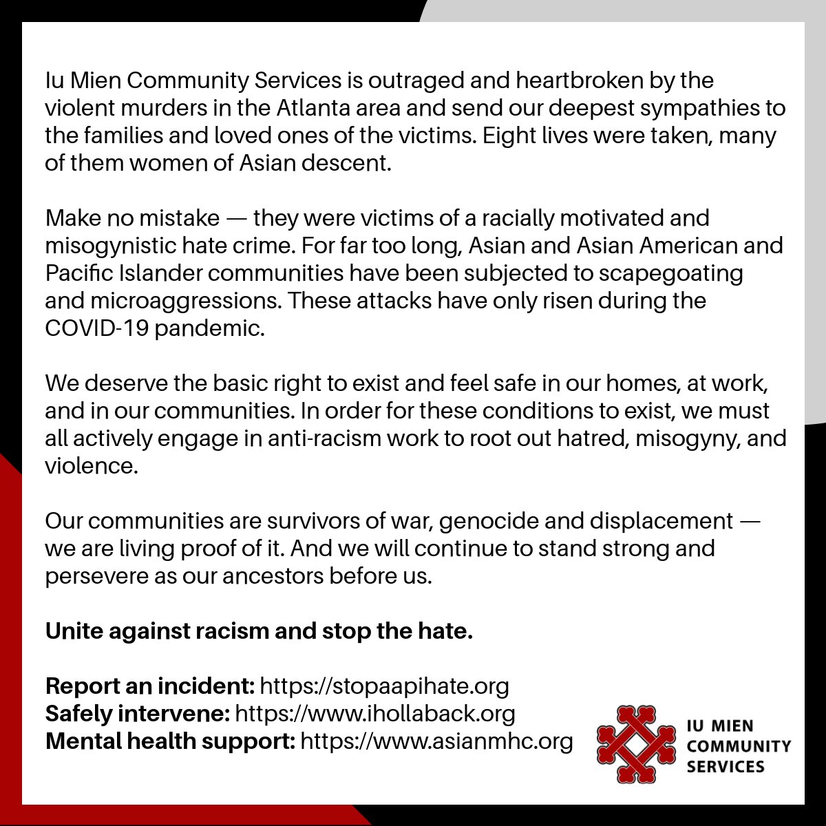 Unite against racism and stop the hate. #StopAAPIHate #StopAsianHate