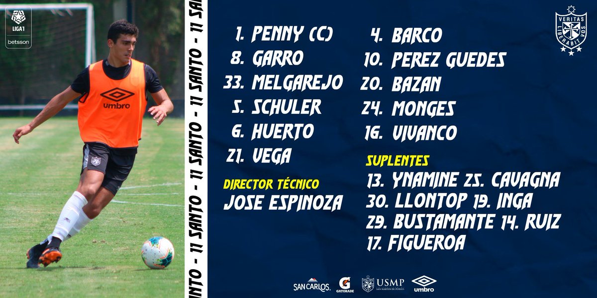 Club_USMP's tweet photo. |Apertura - Fecha 2| 🏆 Liga1 Betsson

🗣  Repasemos el elenco titular con la que la Universidad de San Martín hace su estreno en @LigaFutProf

 ⛳️ #SM 1- 0 #AAS 

🏟️ Iván Elías Moreno

#Liga1
#USMPvsAAS
#VamosSantos
#AlientaDesdeCasa https://t.co/SHUX2TCCk8