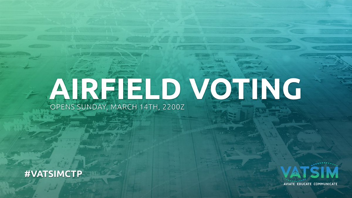 🚩Final Call🚩

CTP Airfield voting will close this Wednesday night at 2200z.

Over 2600 members have voted so far, and there's still time for you to make your choice known!

Head to ctp.vatsim.net now!

#VATSIMCTP