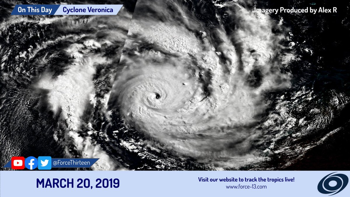 CycloneHistory's tweet photo. #OTD in 2019, a powerful #CycloneVeronica was peaking as a 150 mph C4 near the coast of Western Australia. It would go on to cause extensive damage to #Pilbara, though fortunately no fatalities were reported. https://t.co/1Xc1DK2Afa