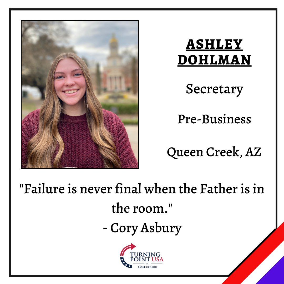 tpusa_baylor's tweet photo. Introducing our Secretary Ashley Dohlman! #turningpointusa #turningpoint #tpusa #turningpointbaylor #tpusabaylor #tpusabayloruniversity https://t.co/mmzGUvZCzq