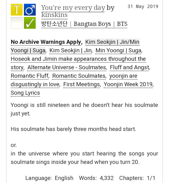 thekinstar's tweet photo. You're my every day
#yoonjin
🎶Teen, 4,3k, one-shot
🎶Romantical soulmates, fluff, tiny bit of angst
🎶When you turn 20, you start hearing the songs your soulmate sings
🎶Yoongi's soulmate has barely three months head start.
🎶written for #YJweek19
🔗https://t.co/cnxGPcivBW https://t.co/Eac1cfCYew