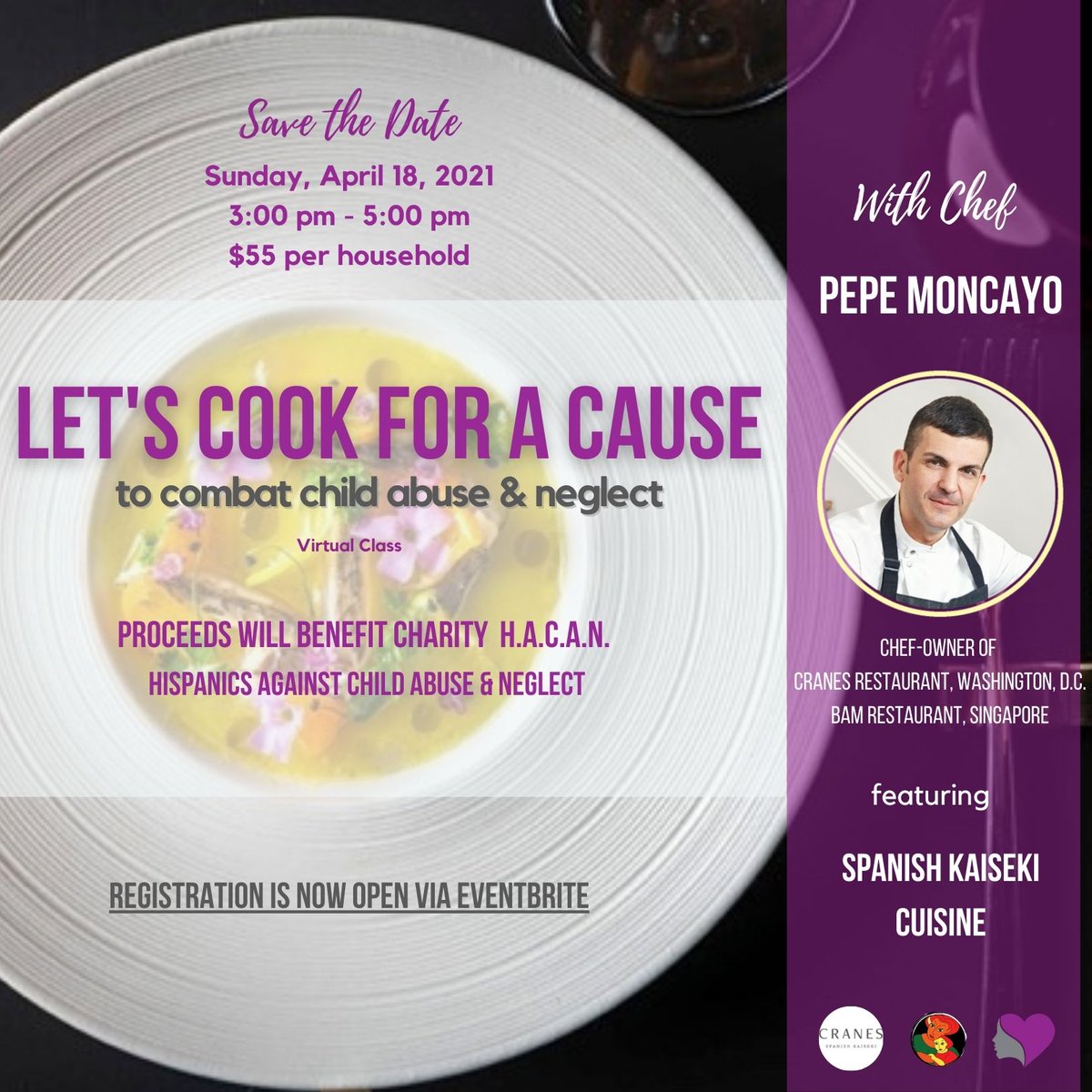 Latinas4Latinas's tweet photo. Registration is now open to LET'S COOK FOR A CAUSE with Chef Pepe Moncayo of CRANES DC to benefit HACAN.  Sign up via https://t.co/Y9VZXJyby2 #cookingforacause #virtualcookingclass #childabuse https://t.co/7S8jIniHZR