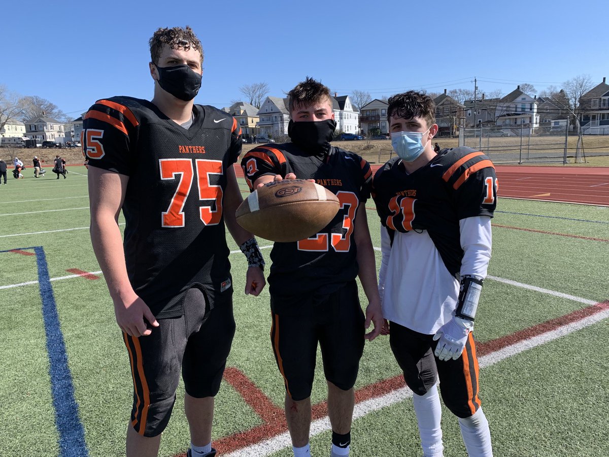 From left, senior captain Billy Adams (1 1/2 sacks), junior tailback Jordan Irvine (3 TD) and senior quarterback Danny Morency all shined in ⁦⁦@BevPanthers⁩’ convincing 24-10 win over Danvers today. Two teams will meet again next Friday night in Oniontown.
