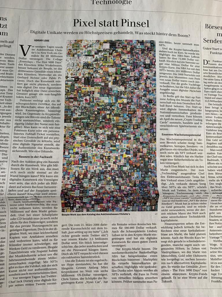 Auch die <a href="/berlinerzeitung/">Berliner Zeitung</a> befasste sich diese Woche mit #NFTs. Egal ob ein <a href="/beeple/">beeple</a> Kunstwerk, <a href="/Jack/">jack</a> Dorsey‘s erster Tweet oder <a href="/nbatopshot/">NBA Top Shot</a> Sammelkarten... Der Krypto-Markt boomt. #FANZONE startet bald mit digitalen DFB Trading Cards ➡️ berliner-zeitung.de/zukunft-techno…