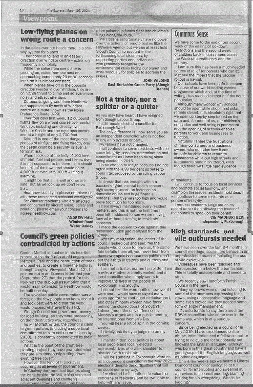 Letter to Slough Express - Council's green policies contradicted by actions