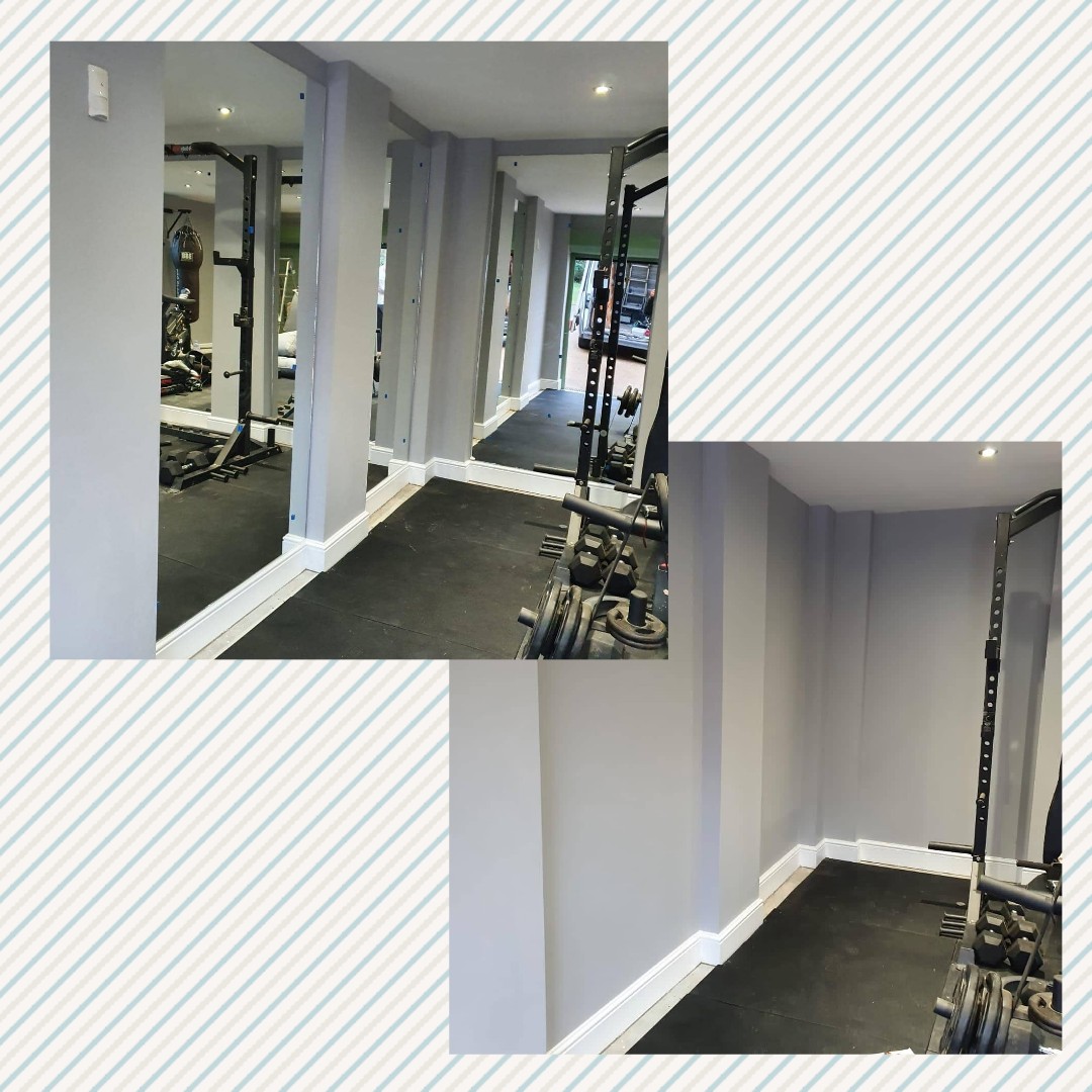Before and after photos of floor to ceiling mirrors installed at a home gym recently. Give is a call if you wish to add mirrors to your home gym or dance studio 🏋️
