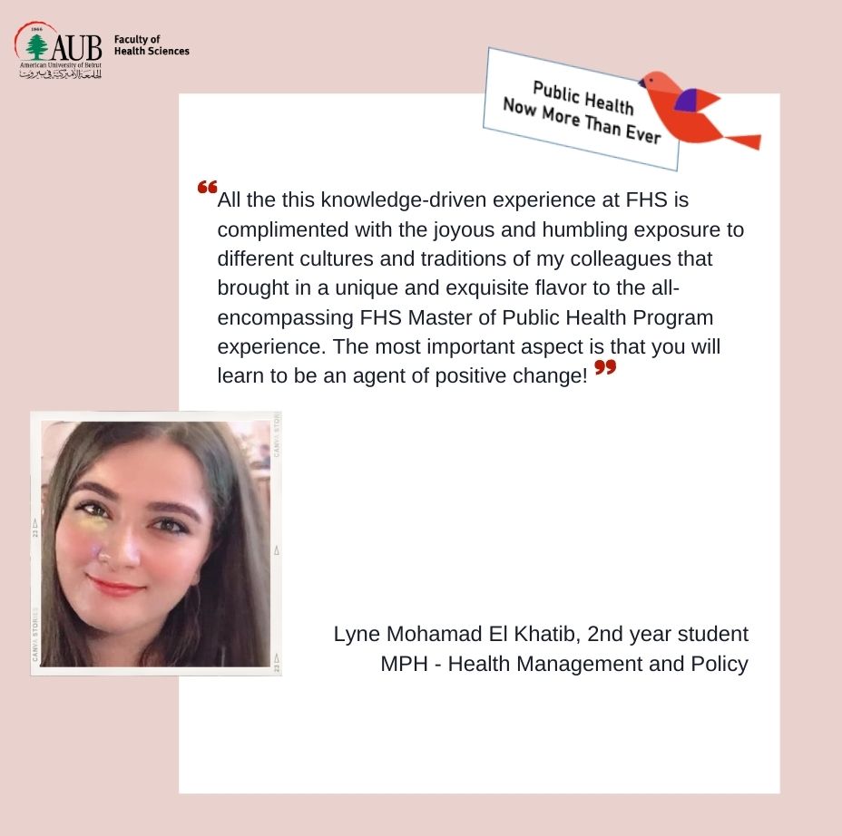 Faculty of Health Sciences at AUB (@fhs_aub) on Twitter photo Looking to pursue a graduate degree in #PublicHealth?
Check out more testimonials from FHS alumni & students and read what they have to say about the amazing CEPH_accredited #GraduatePublicHealthProgram! at #FHS, <a href="/AUB_Lebanon/">American University of Beirut</a>. Visit us: aub.edu.lb/fhs Looking to pursue a graduate degree in #PublicHealth?
Check out more testimonials from FHS alumni & students and read what they have to say about the amazing CEPH_accredited #GraduatePublicHealthProgram! at #FHS, <a href="/AUB_Lebanon/">American University of Beirut</a>. Visit us: aub.edu.lb/fhs