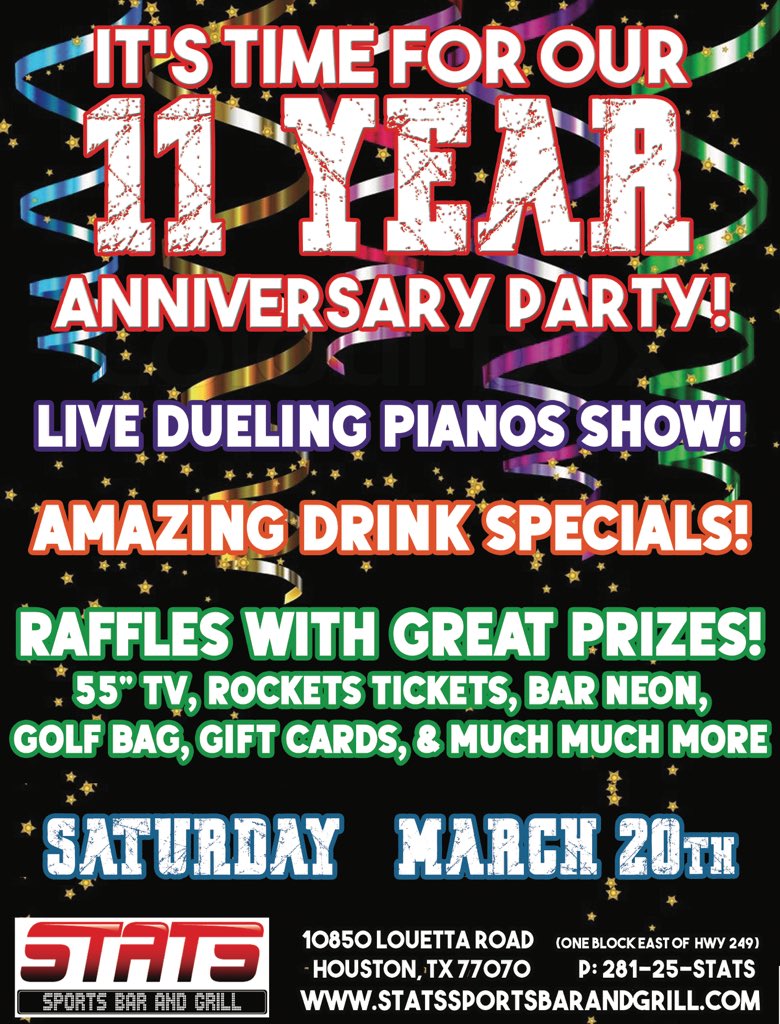 Stats Sports Bar (@statssportsbar) on Twitter photo 11 Years!!! Thank you!!! Who’s excited for the Dueling Pianos show tonight?? 11 Years!!! Thank you!!! Who’s excited for the Dueling Pianos show tonight??