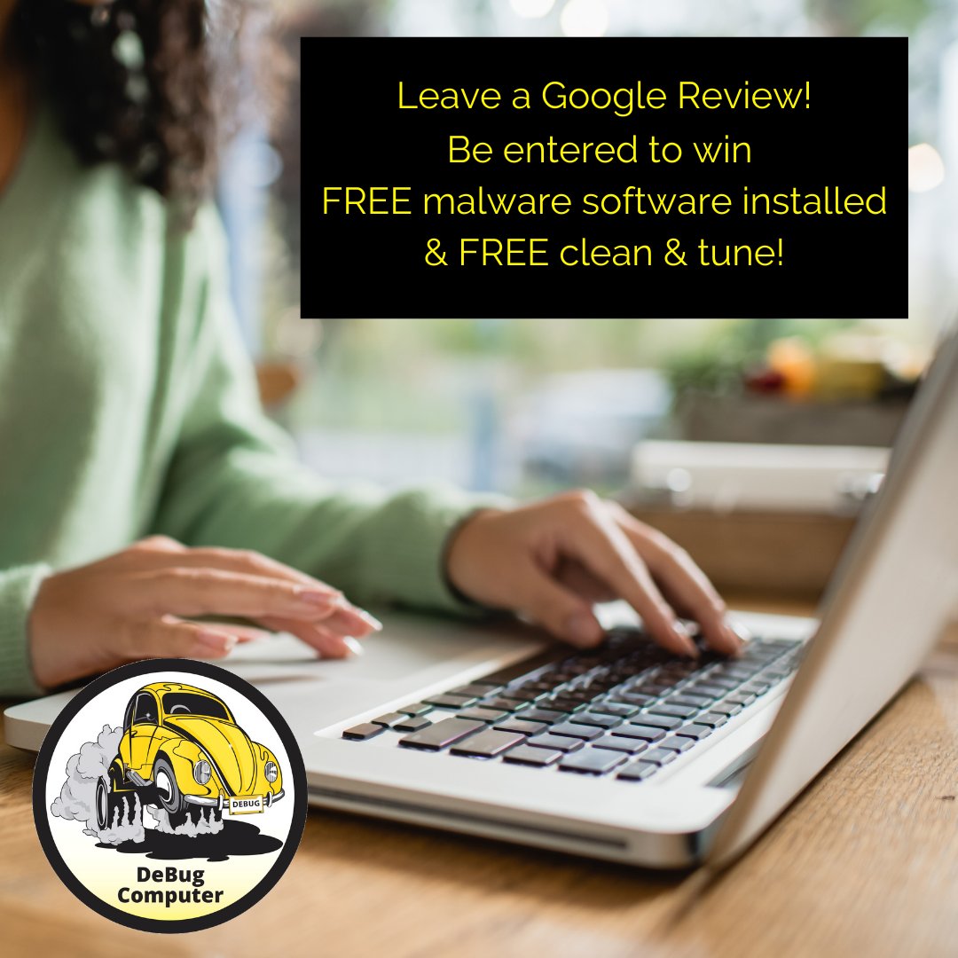 debugcomputer's tweet image. Don’t forget to leave a Google review! Do so and enter the quarterly drawing for a free malware software installed and clean &amp;amp; tune. We can’t wait to find out the winner!