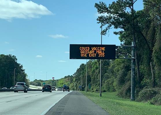 PIOMarkBrady's tweet image. Work being performed by #JIS/JIC Gateway #FL Community Vaccination Center that is included in @FEMA_EMI #AdvancedPIO Course becoming reality: #FDOT electronic highway signs point residents to #Gateway #Norwood vaccination center 7AM – 7PM  7-days a week #GetTheVaxJax #vaxjax
