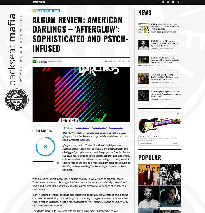 "Sophisticated and psych-infused...evoking The Smashing Pumpkins at their poppiest" nice words, big name-dropping and more love for OUR NEW ALBUM AFTERGLOW from Backseat Mafia &amp; Cacophone Records
 #americandarlings #americandarlingsafterglow #indierock #psychedelic #newmusic