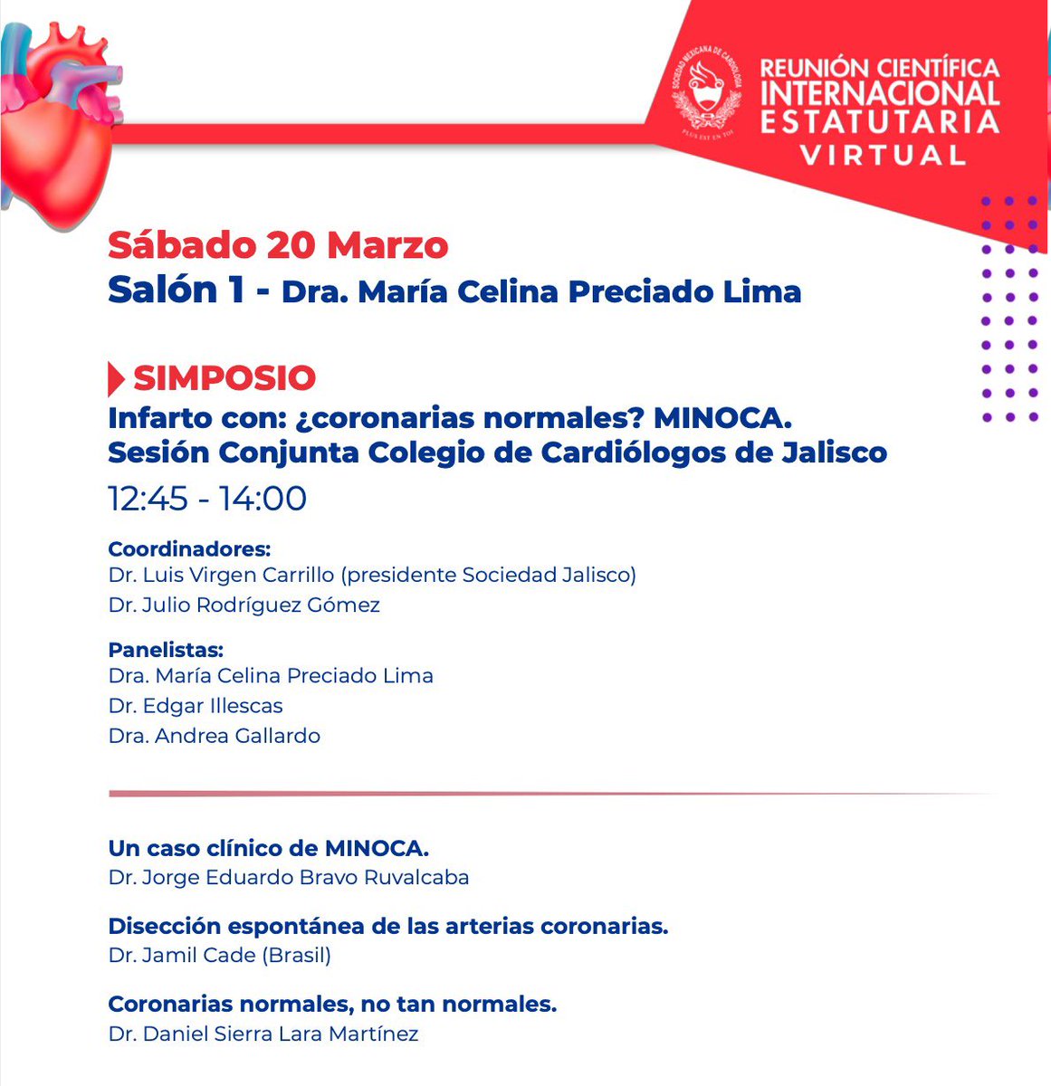 ¡Gracias <a href="/smexcardiologia/">Sociedad Mexicana de Cardiología</a> por la invitación como panelista a este gran simposio! #EstatutariaSMC 🫀

📌 Infarto con ¿Coronarias Normales? #MINOCA 

¡Es un enorme gusto compartir con tan grandes panelistas y ponentes! 🤩
<a href="/drluisvirgen/">Luis Virgen MD, Ph D, FSCAI</a> <a href="/JamilCade/">Jamil Cade, MD, PhD</a> <a href="/DanielSierraLM/">| Daniel Sierra LM |</a> <a href="/IllescasEdgar/">Edgar Illescas</a>