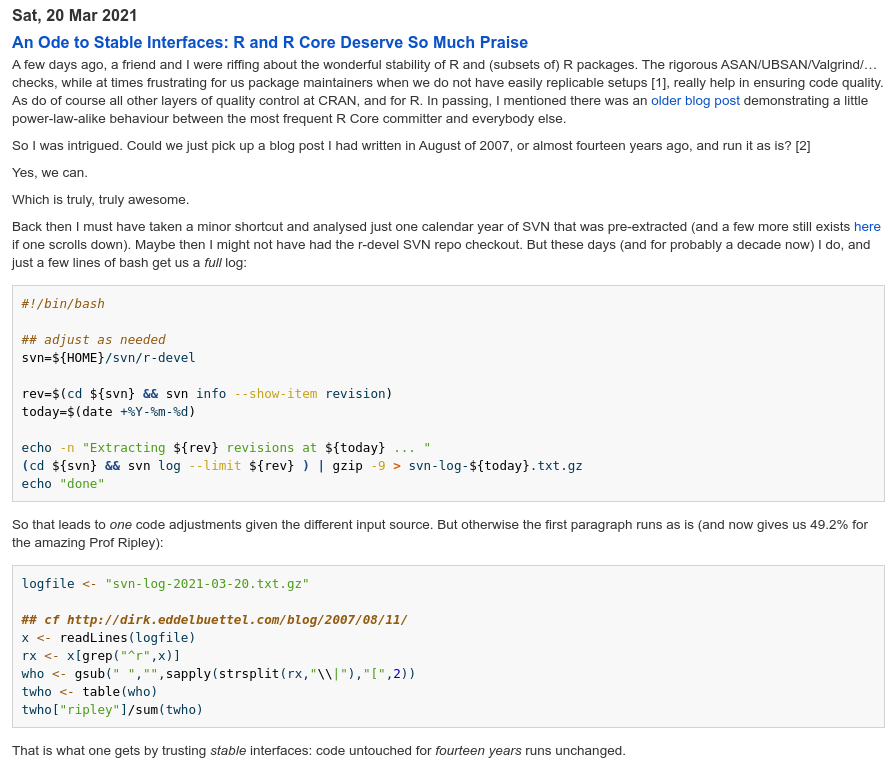 eddelbuettel's tweet photo. New Post: An Ode to Stable Interfaces, and Praise To Base R and R Core

In which I run code I posted fourteen years ago: it works unaltered.  That should be cherished, celebrated--and encouraged. We need more examples like this.

https://t.co/9khR7TwRk0

#rstats #reproducibility https://t.co/BKS0GXjRGs