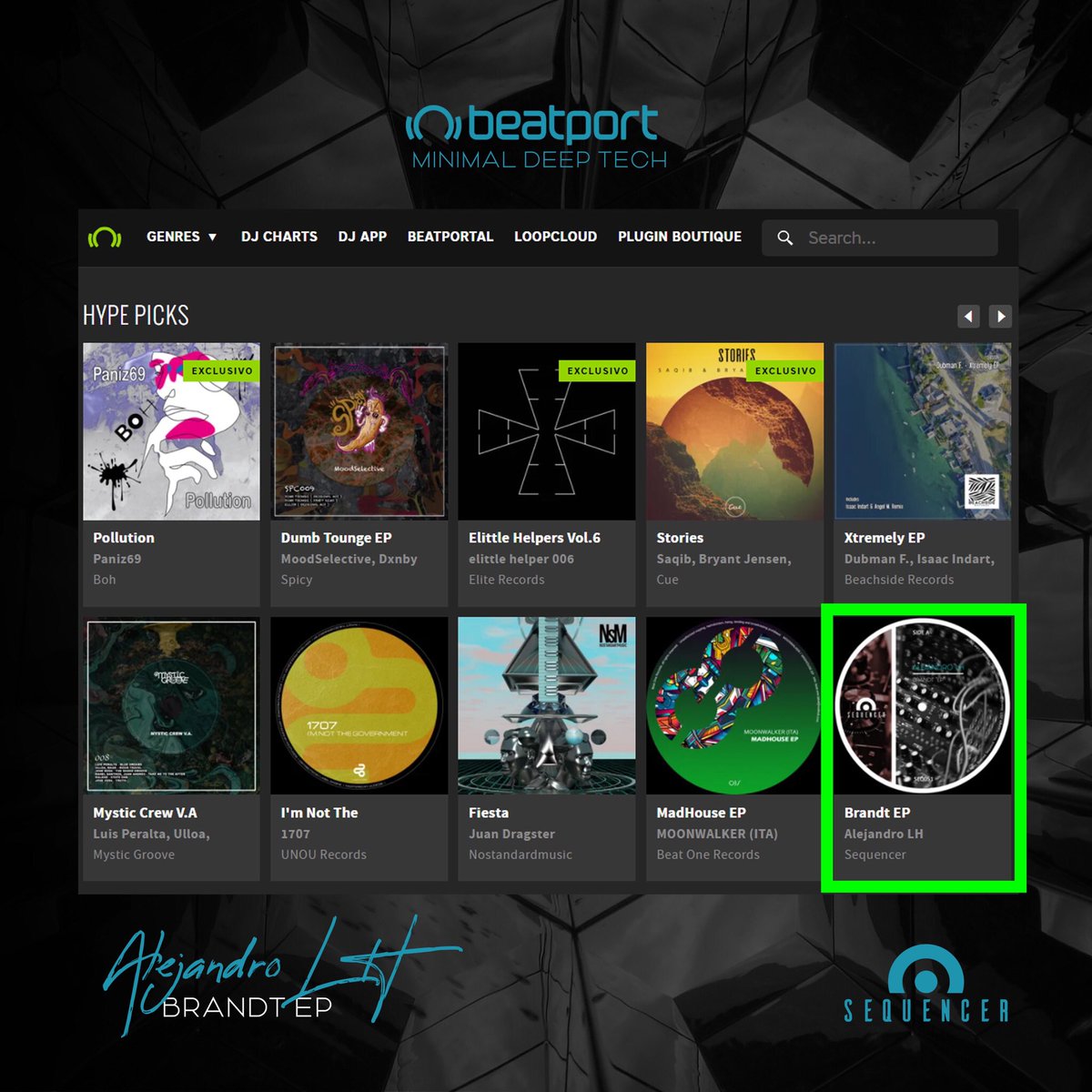 SequencerLabel's tweet image. 🔥Una vez más nuestro más reciente lanzamiento semanal 🚀 de Sequencer Label 💽 se encuentra dentro de los DESTACADOS Hype Pics de @beatport ‼️

Alejandro LH - Brandt EP [Sequencer Label]

Adquiérelo aquí 👇
beatport.com/release/brandt…