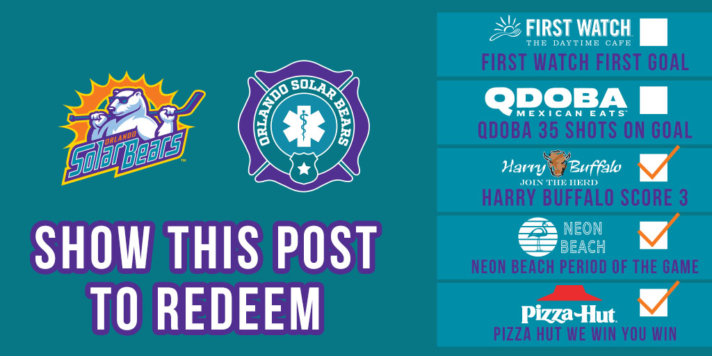 OrlandoHockey's tweet photo. After this Solar Bears win, make sure you don't forget to redeem your free food!🥨🍺🍕
#BEARLIEVE | #ORLvsJAX https://t.co/mh1kOZMMXU