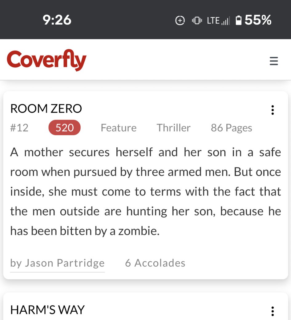If you jump over to Coverfly, my screenplay just cracked the Red List and is the #12 ranked Thriller.