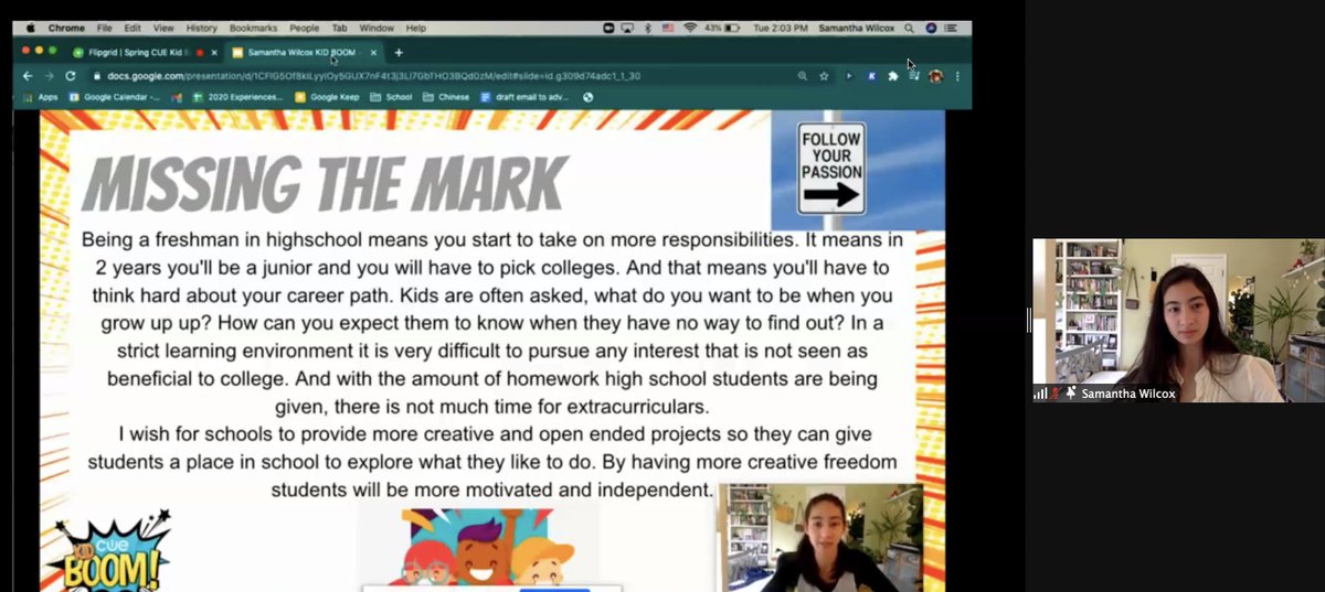 StephRothEDU's tweet photo. So proud of my amazing student Sam! She rocked her #KidBoom!
I'm so lucky to have Sam in @LEADLG1 Eng 9. I learn from you every day.
💡
✅Increase creative opportunities
🚀More clubs for connection
🔥Make projects full of real choice
@cueinc #WeAreCUE @LosGatosHigh #LGSUHSD https://t.co/FEU3OA3DFT