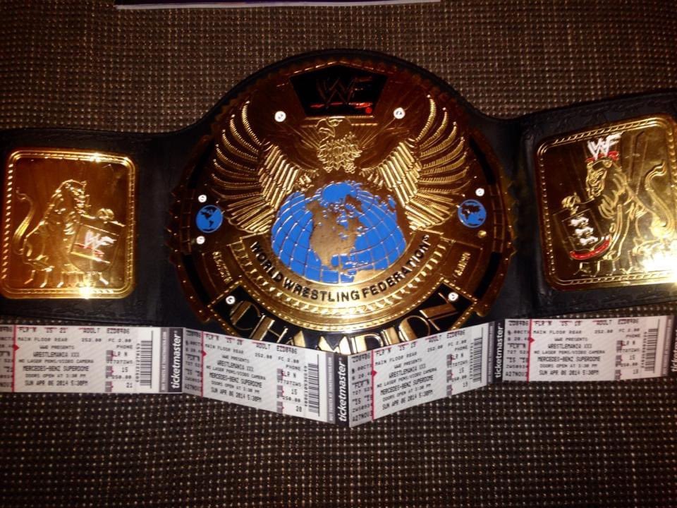angelo316fan's tweet photo. Belt and pics from #WrestleMania 30 in New Orleans when @BrockLesnar broke the Streak! https://t.co/iA0QKpX90v
