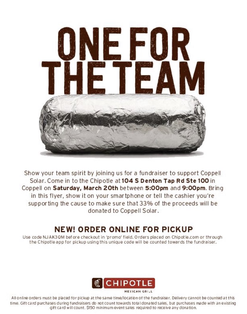 CoppellSolar's tweet photo. Tonight is spirit night at chipotle! From 5pm to 9pm head to chipotle and show them this flier, or enter code NJAK3QM during online checkout to help support the team https://t.co/JVfwSHOHvz