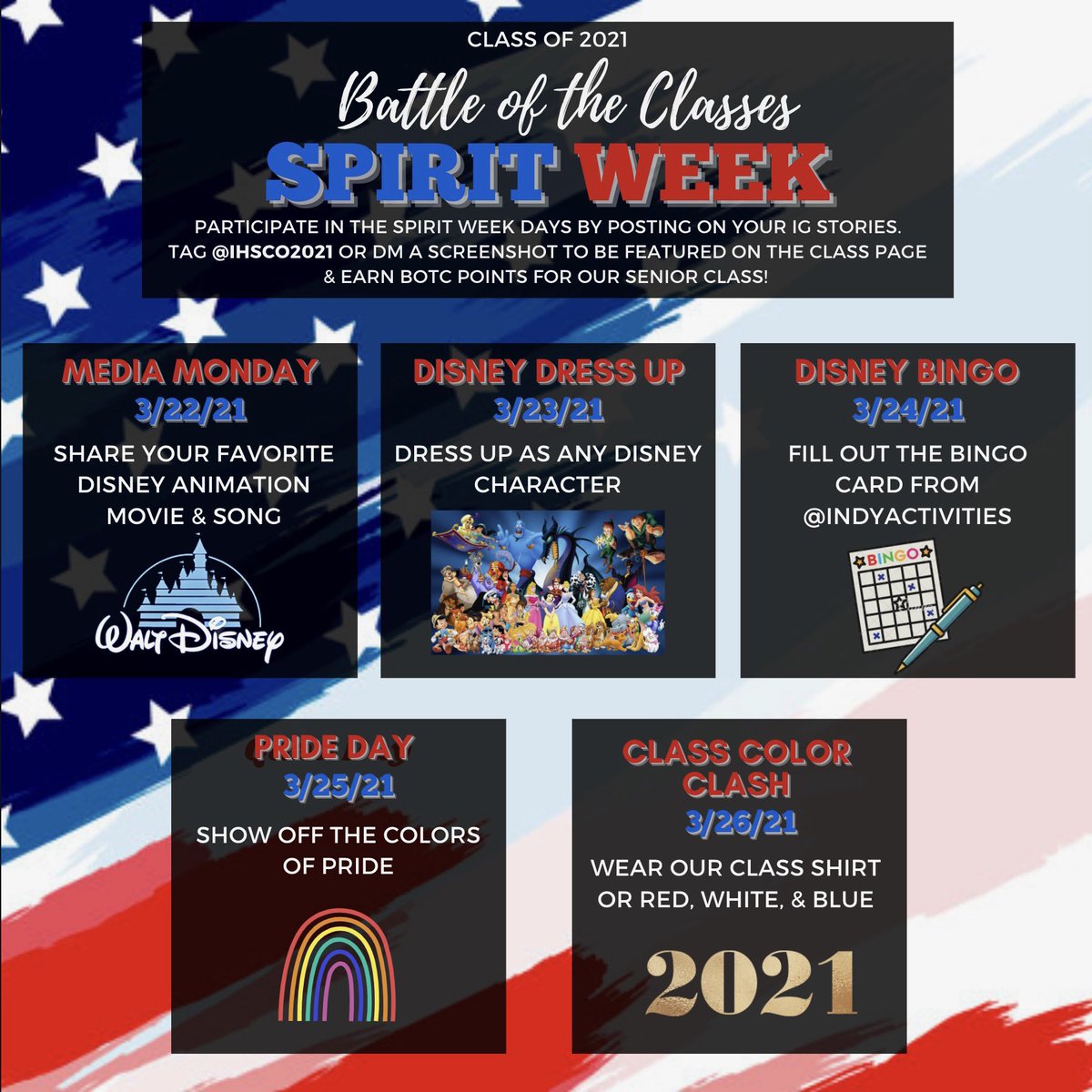 ihsco2021's tweet photo. Seniors, our last ever BOTC spirit week is here! Participate and show off your class pride by posting on your IG stories and tagging @ihsco2021! Tune in on 3/26 to watch the rally live @ 6pm! https://t.co/MGTehN7SOm 🇺🇸 https://t.co/LFaTdThCF1
