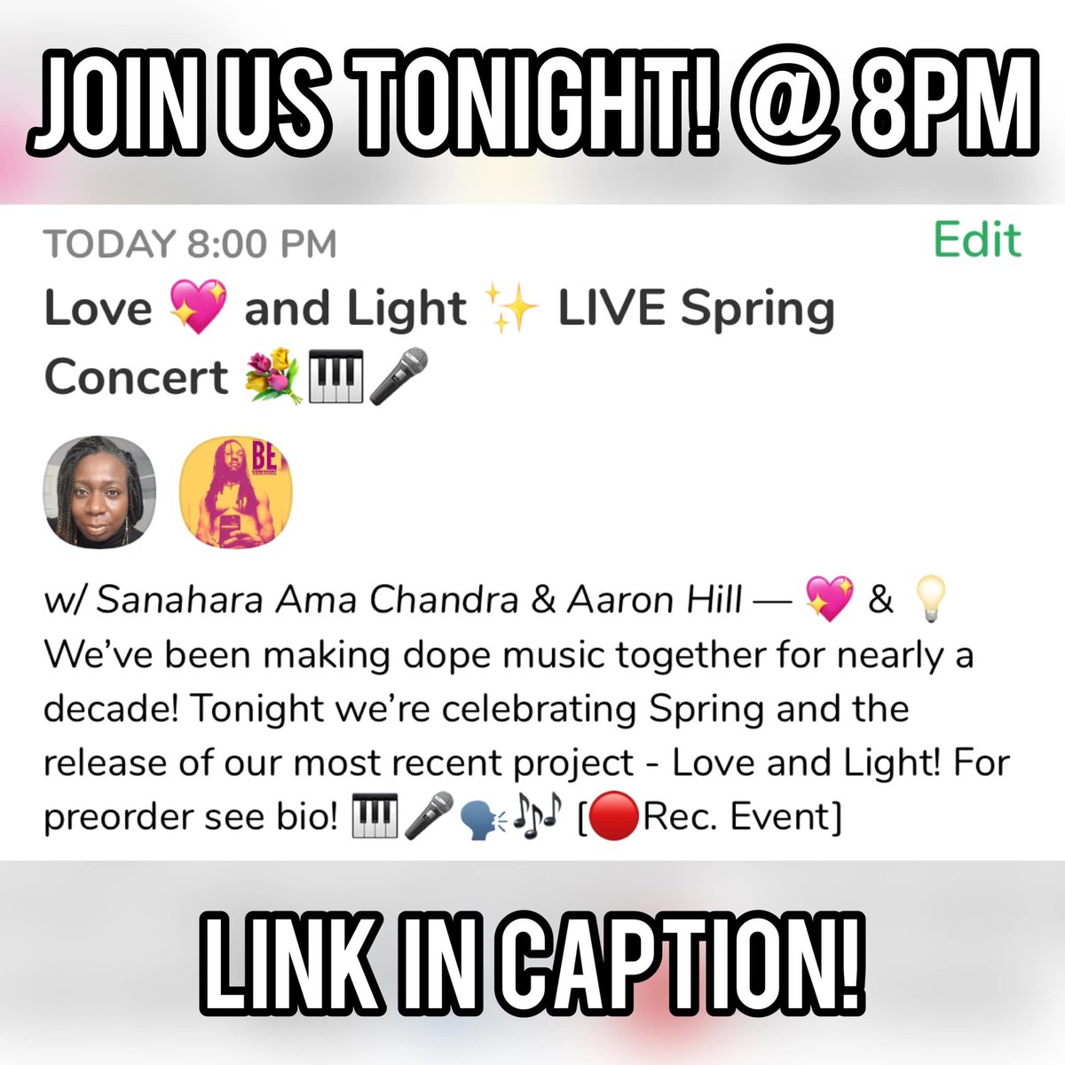 FruitionMusic's tweet photo. 🎹🎤🎶💖 &amp;💡Join me and Ama Chandra tonight at 8pm for an amazing Spring concert! - https://t.co/uRzUEfN0Fu https://t.co/AVcl3InNLd