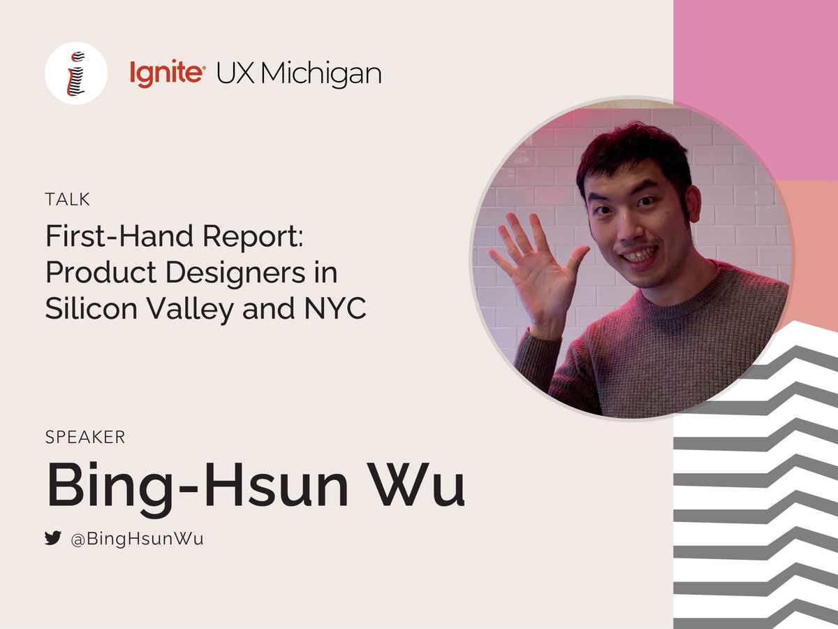 Next up is Bing-Hsun Wu <a href="/BingHsunWu/">Bing Wu</a> talking about "The Juxtaposition of Silicon Valley and NYC Product Designers". Looking forward to listening to this interesting talk on March 23! Register here for free: eventbrite.com/e/ignite-ux-mi… #igniteuxmi #ignitetalks