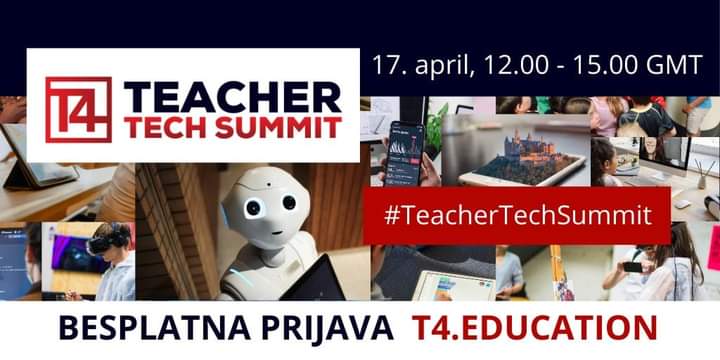 T4 TEACHER TECH SUMMIT 2021
Nastavnički Tehnološki Samit 17.aprila 2021.
Prisustvo je besplatno, a prenos će biti titlovan i na srpskom jeziku. 
#TeacherTechSummit #NastavnickiTehnoloskiSamit <a href="/EduBalkan/">EduBalkan | #TeacherTechSummit</a> <a href="/VikasPota/">Vikas Pota</a> <a href="/iamKirstenT/">Kirsten Thompson 💙</a> <a href="/brankoruzicsps/">Branko Ružić</a> @MPNTR