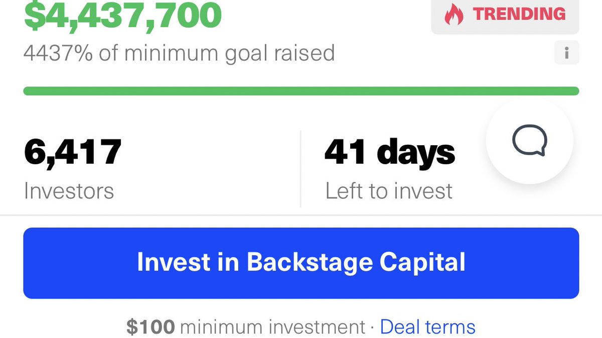 republic.co/backstage timeline —

Feb 1: 
raised $1.07M in 9 hours🤭

Feb 2-March 14: 
waitlist raised another ~$1M🥳

March 15-18: 
another $2M raised🤯

March 20 @ 3pm PT: 
The $5M max is on the horizon &amp; we are at $4.4M from 6,400+ investors🤗 

Next: ⚗️+🔮+⌚️+💡+🔋+🧚🏿‍♀️=🎯🚀