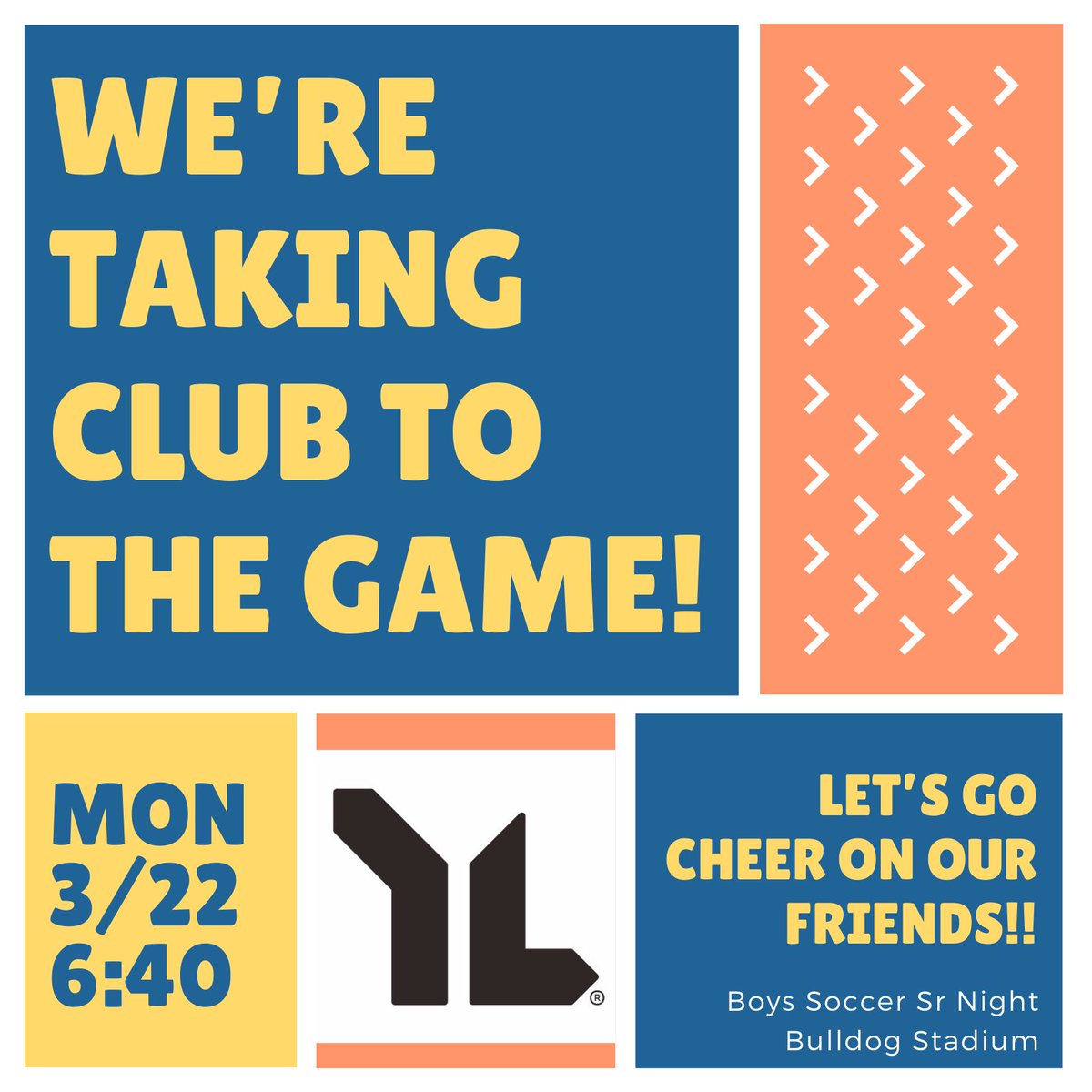 midcountyyl's tweet photo. 🚨CLUB ANNOUNCEMENT 🚨
Monday! This Monday! No regular Club
 join us at Bulldog Stadium as we cheer on the Nederland boys soccer team on their last home game. Plus it’s Senior Night🥳
⠀
We’ll head to the Ned Whataburger after the game for some 🍔🍟🥤
⠀
#younglife https://t.co/5zs0WMTVT8