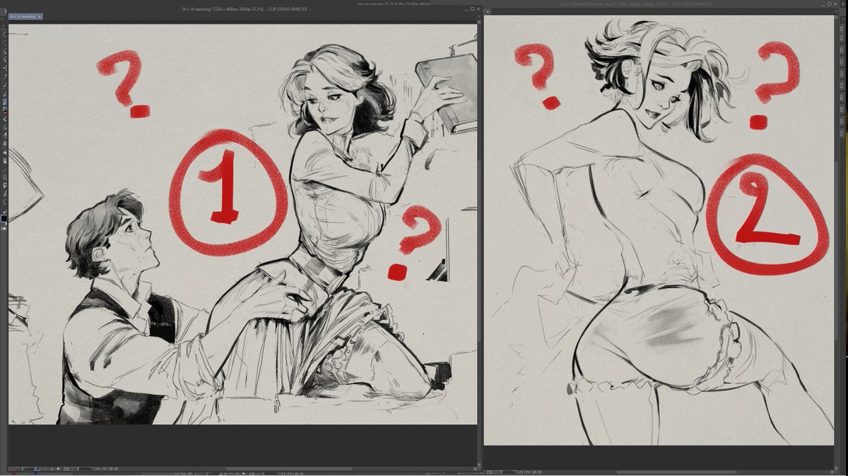 I will be transmitting in about 30 minutes, which one should I finish? #CLIPSTUDIOPAINT #characterdesign  #twitchstream 