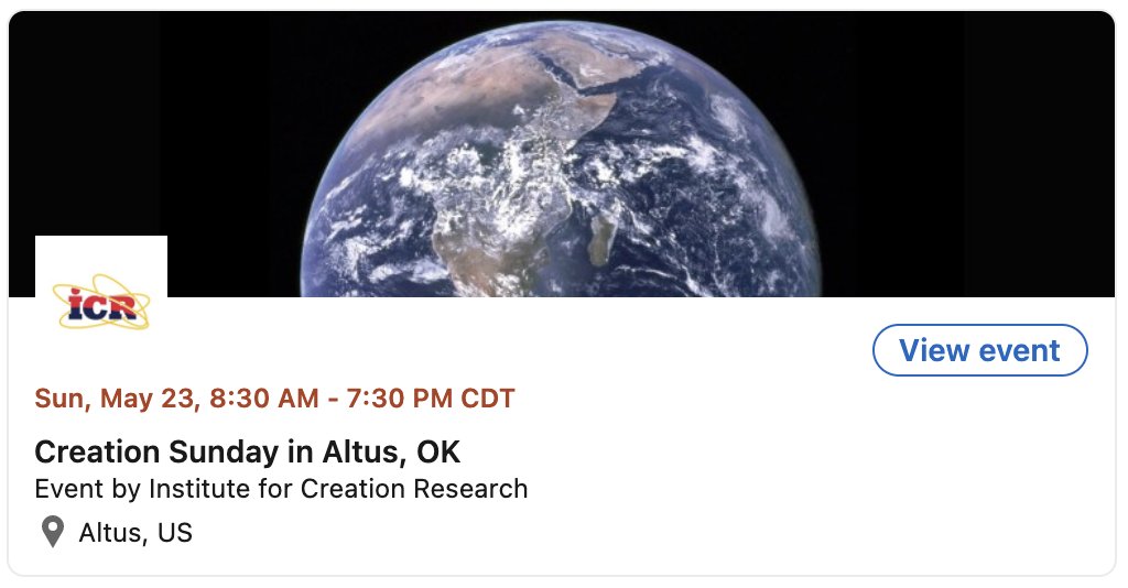 ICRscience's tweet photo. 🌎 ICR is returning to #Oklahoma for another #CreationSunday! Would you like to attend? https://t.co/tCt5txEqUV

@icrbthomas https://t.co/gJrJCRQoCC